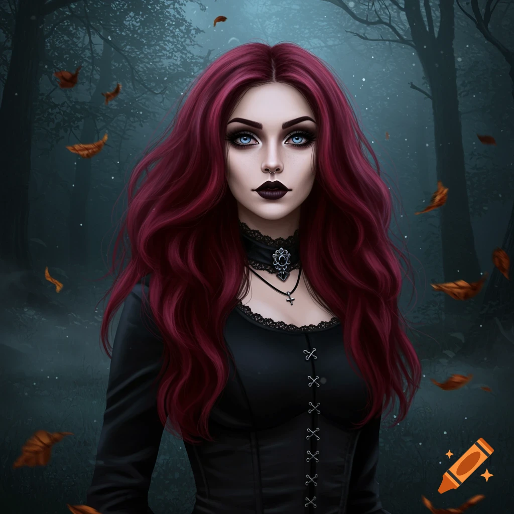 A digital painting of a gothic woman with long red hair, dark makeup, and blue eyes, standing in a misty forest with falling leaves.