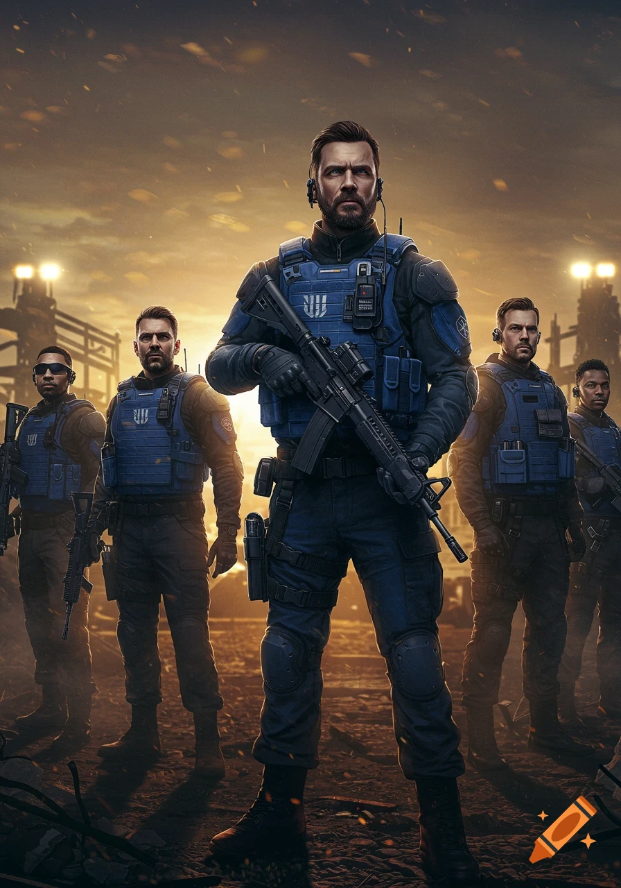 A group of armed tactical operators in blue vests stand ready for war in a desolate, industrial setting at sunset.