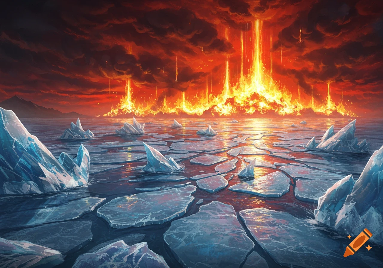 Epic digital painting of hellfire raining down from a fiery red sky onto a vast ocean filled with fractured ice sheets.