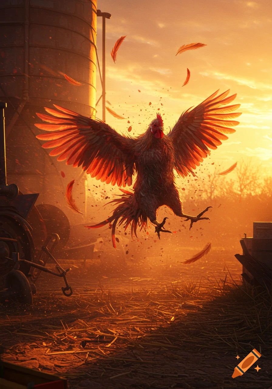 A rooster with wings outstretched jumps into the air, kicking up dirt and feathers at sunset on a farm.