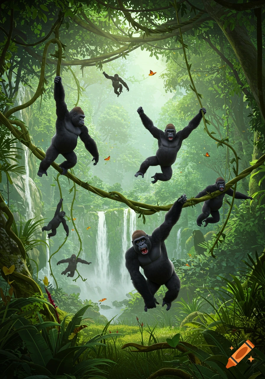 Multiple gorillas swing, leap, and hang from vines in a vibrant, lush jungle with waterfalls and butterflies, digital illustration.