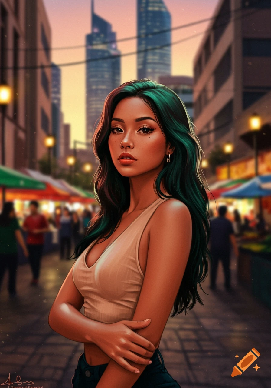 A stylized portrait of a young woman with dark green hair, wearing a white tank top, standing in a vibrant city street with market stalls and skyscrapers in the background.