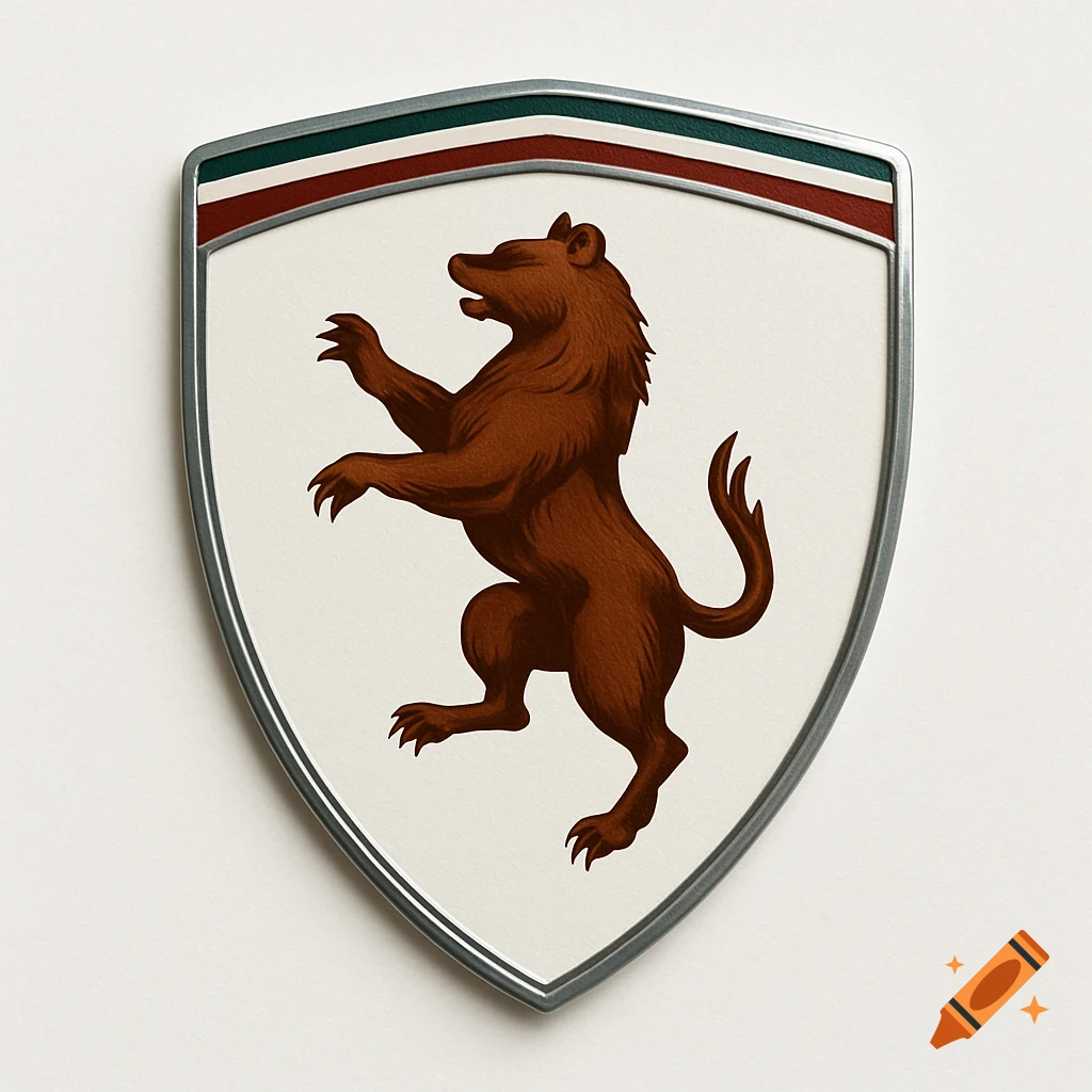 A white shield emblem with a brown prancing bear and a red, white, and green stripe at the top.