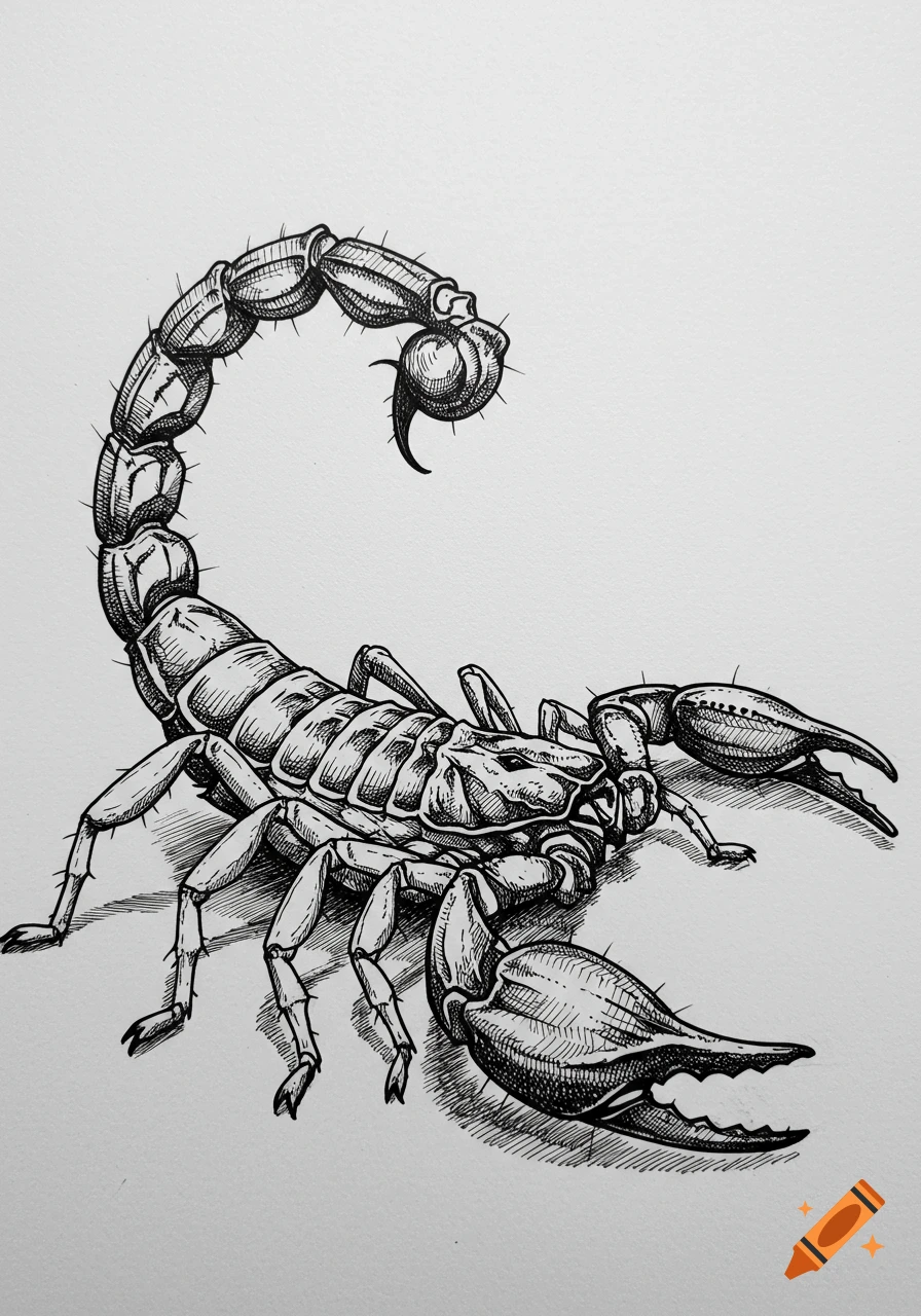 Detailed black and white ink sketch of a scorpion from a side view.