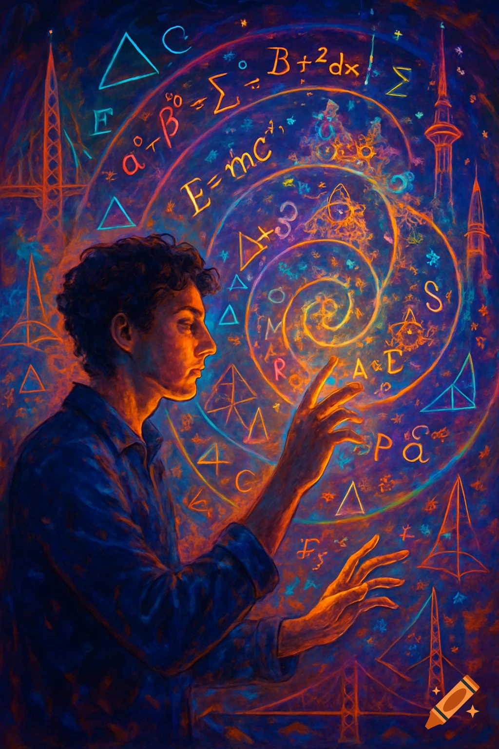 A man interacts with glowing mathematical symbols spiraling on a dark background, with bridge and tower structures. Painterly style.
