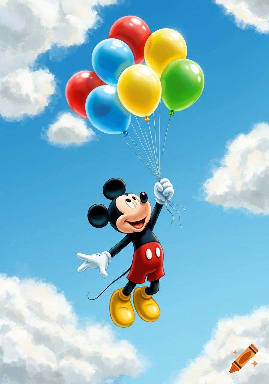 Mickey Mouse flies in a bright blue sky, smiling while holding a cluster of colorful balloons.