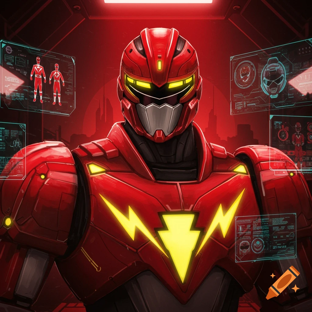 Red futuristic robot with yellow lightning emblem on chest, surrounded by holographic displays in a red-lit control room.