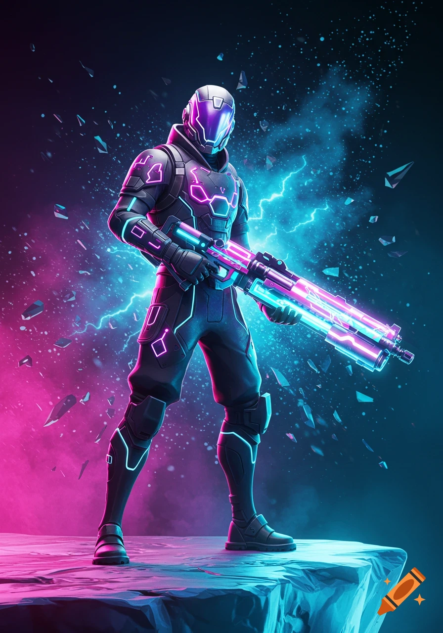 A futuristic soldier in neon-lit armor holds a glowing rifle against a pink and blue lightning background.