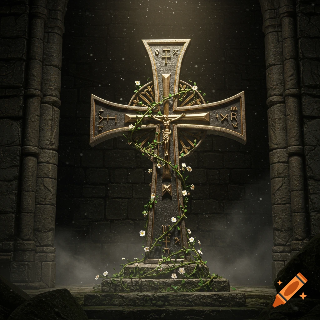 A weathered stone and golden Templar cross with a crucified figure, adorned with vines and white flowers, stands in a dark, atmospheric chamber with light rays.