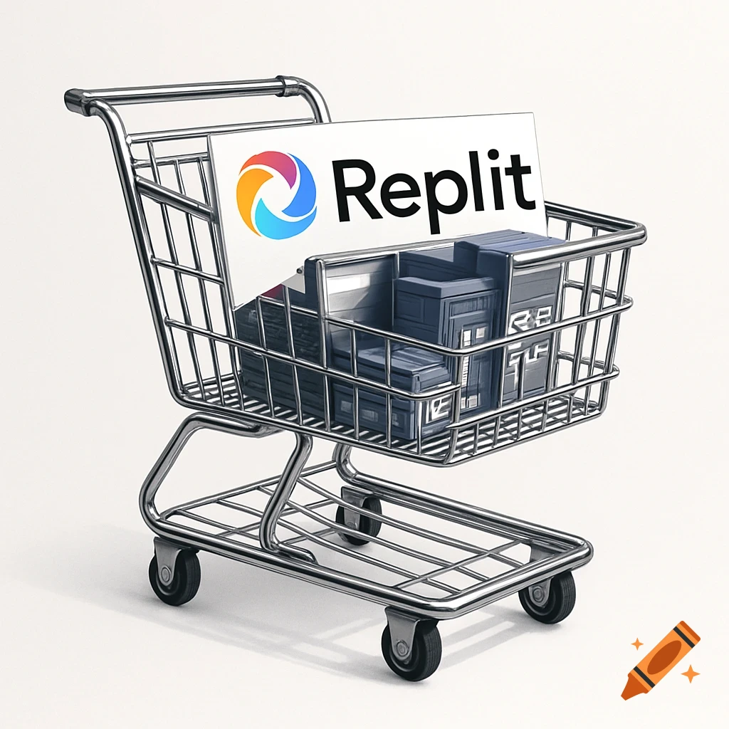 A photorealistic shopping cart contains a white sign with the colorful Replit logo and text, along with gray block-like items.