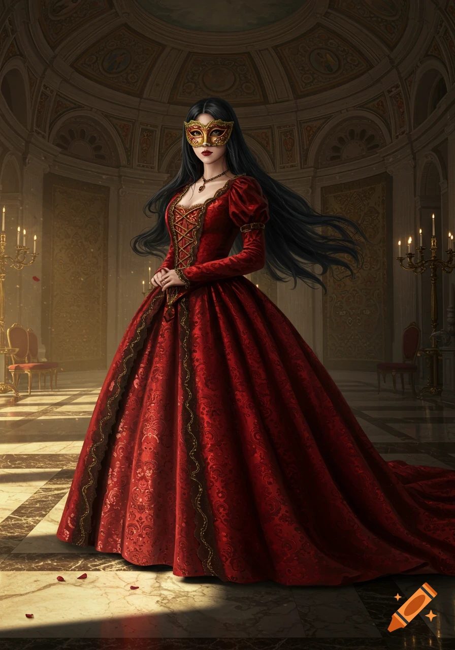 A young woman with long black hair and a gold masquerade mask stands in a red velvet gown in a grand hall.