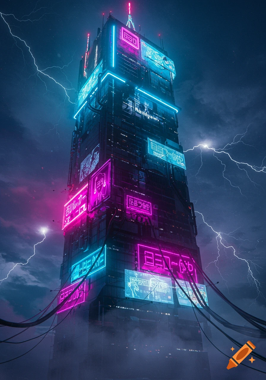 A tall, futuristic cyberpunk tower glows with vibrant pink and blue neon signs against a dark, stormy sky with lightning.
