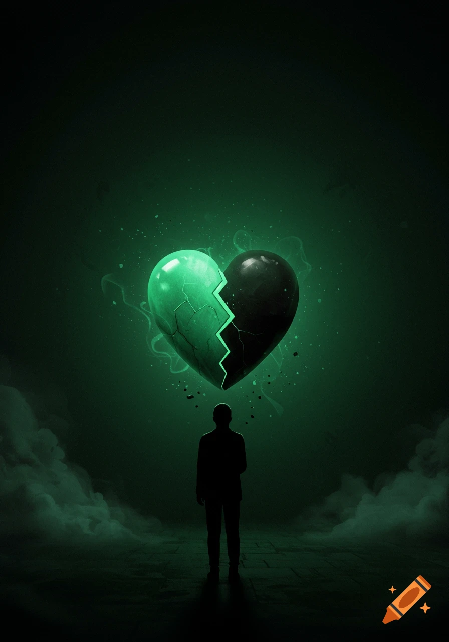 A silhouette of a person stands in a dark, misty room, looking up at a glowing green and black broken heart floating above them.