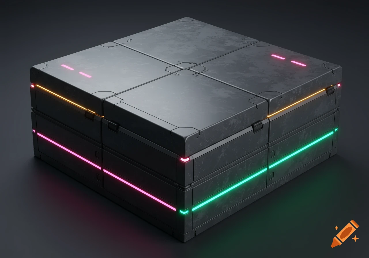 A dark, cube-shaped futuristic device with glowing orange, pink, and green lines.
