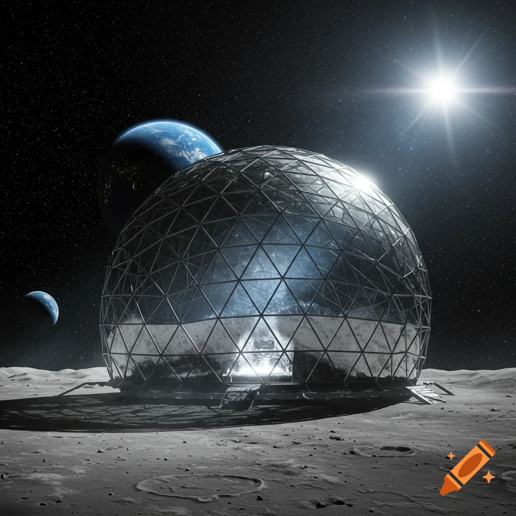 Photorealistic image of a large geodesic dome base on the moon, with Earth and the sun visible in the dark starry sky.
