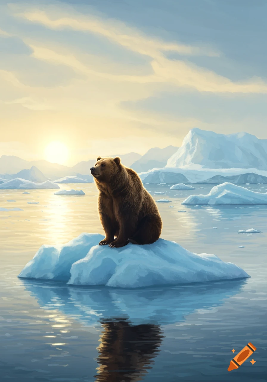 A brown bear sitting on an iceberg at sunrise in a vast, calm arctic landscape, painted digitally.