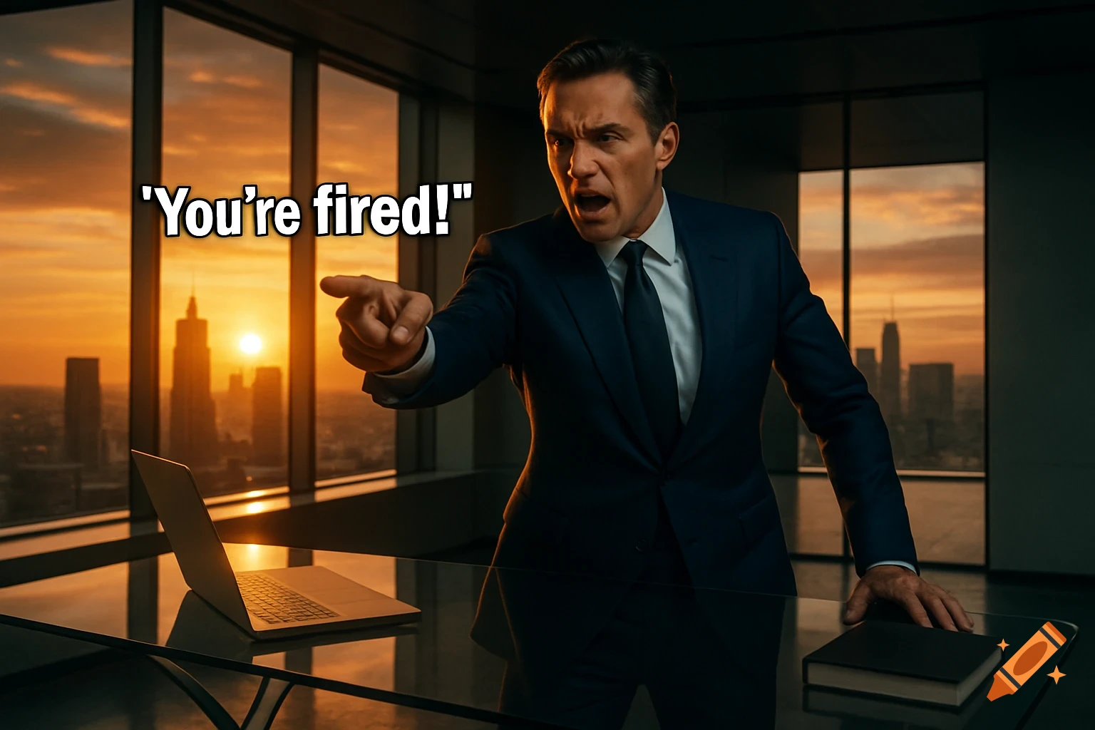 A man in a business suit yells and points, with the text 'You're fired!' superimposed, in a modern office overlooking a sunset city skyline.