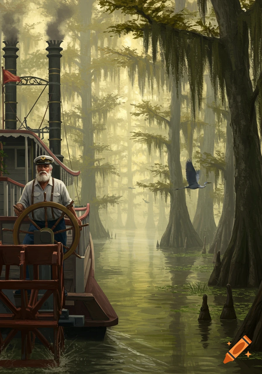 A bearded riverboat captain steers his paddlewheel boat through a misty bayou swamp with cypress trees and a flying bird.