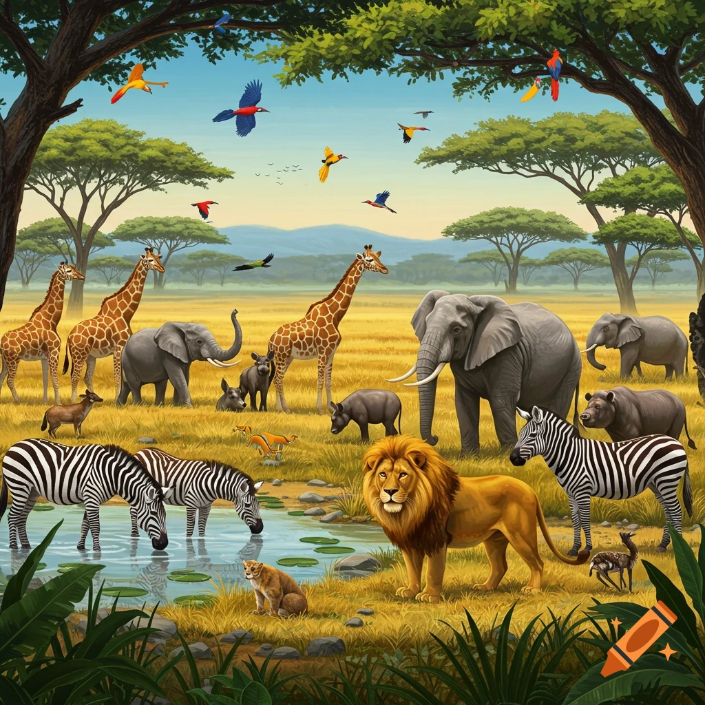 Cartoon safari scene with giraffes, elephants, zebras, a lion, and other wild animals gathered around a watering hole.