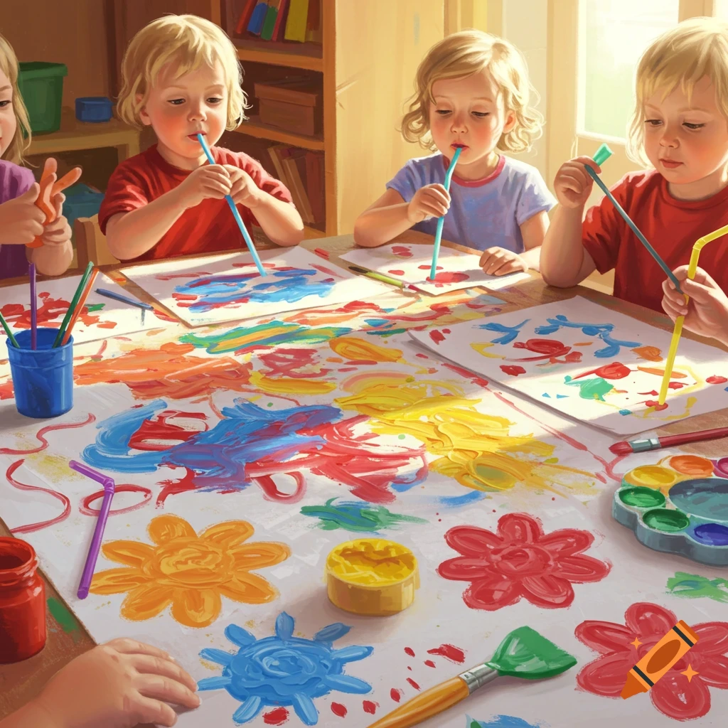 Four young children are engrossed in a messy painting activity at a table, using straws and brushes to create colorful art.