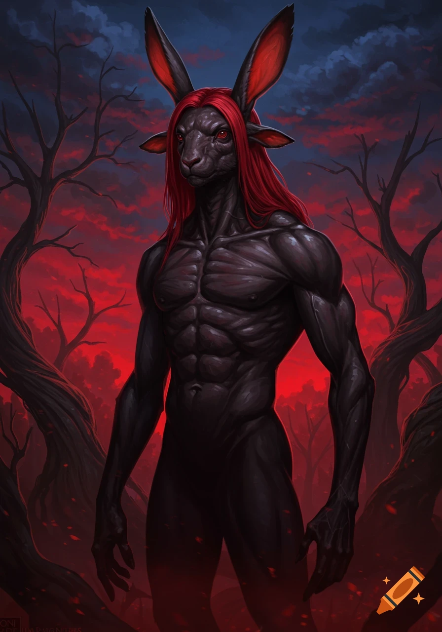 Muscular dark anthropomorphic rabbit-goat creature with red hair and glowing red eyes stands in a dark forest under a red sky.