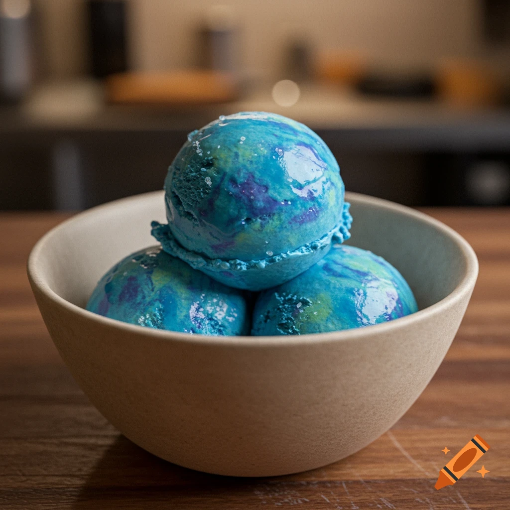 Three scoops of blue and purple swirled ice cream with sugar sprinkles in a beige bowl on a wooden table.