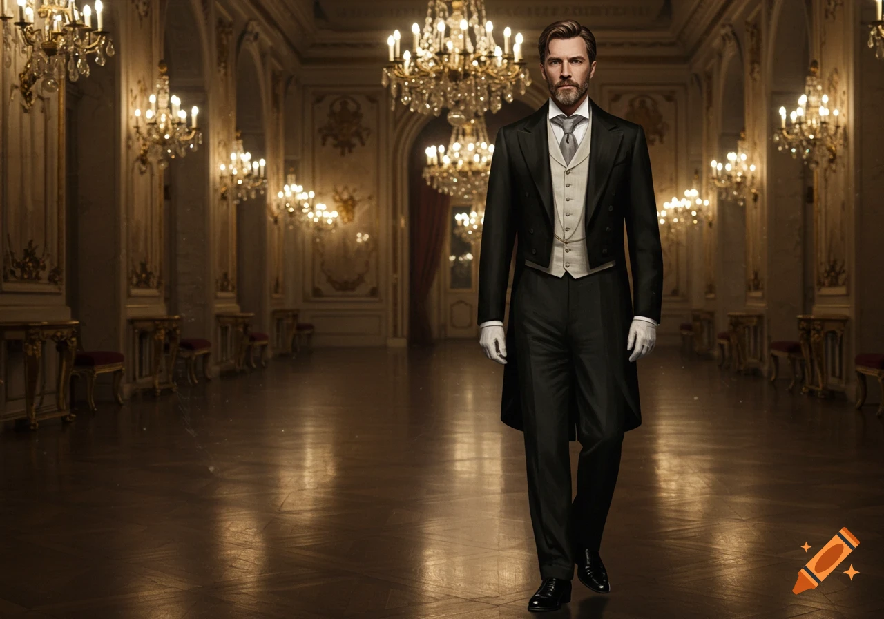 A man in a black tailcoat and white gloves stands in a grand, chandelier-filled hall.