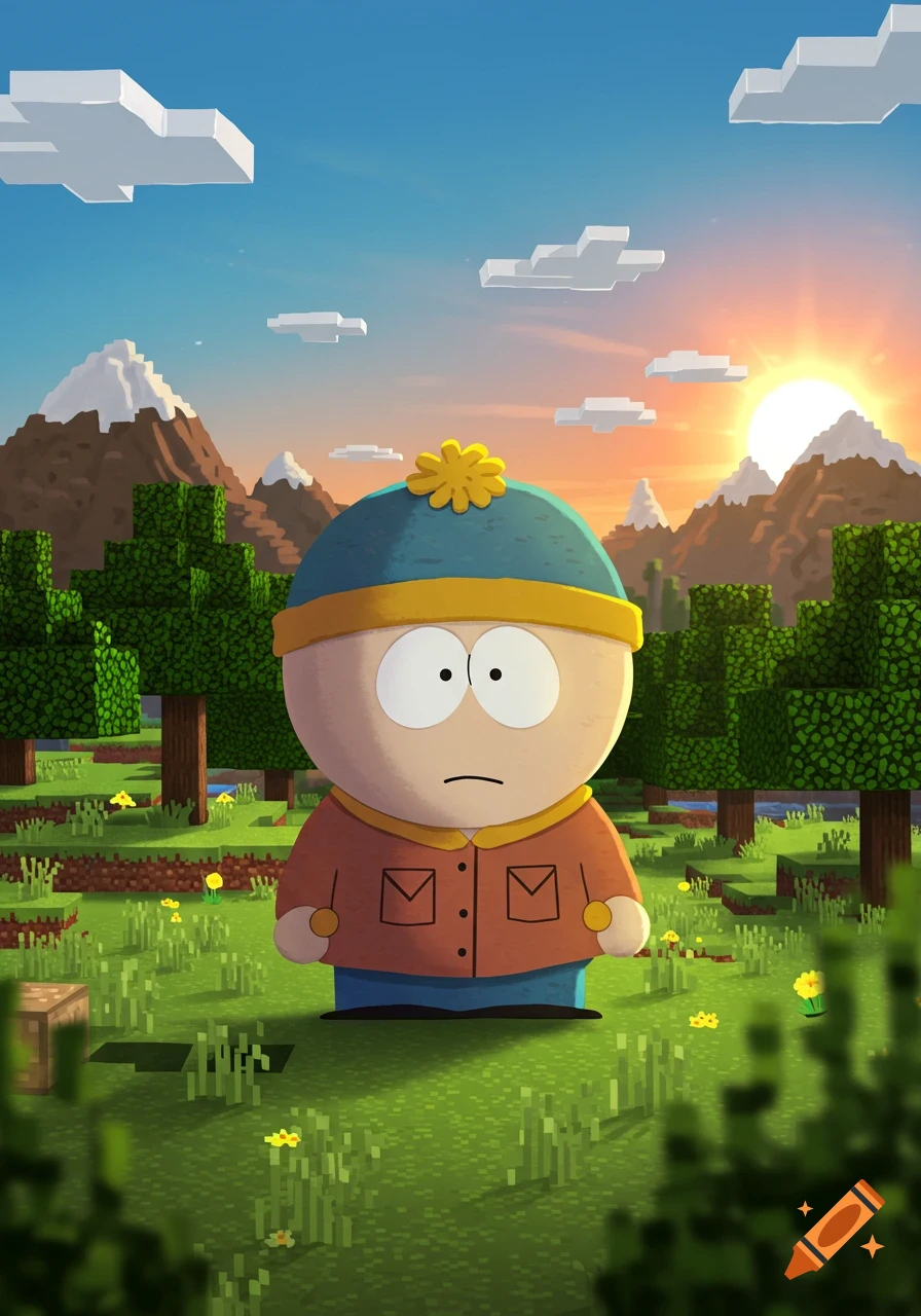 Cartman from South Park in a blocky Minecraft world with trees, mountains, and a sunset.