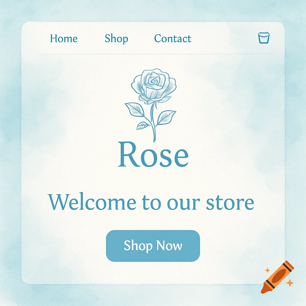 A soft blue online store UI design with a rose logo, navigation links, welcome message, and 'Shop Now' button, set against a watercolor background.