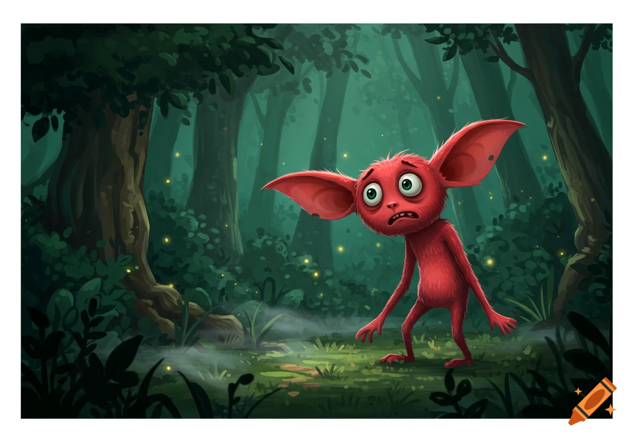 A red, wide-eyed, cartoon monster with large ears looks scared in a misty, dark green forest with glowing lights.