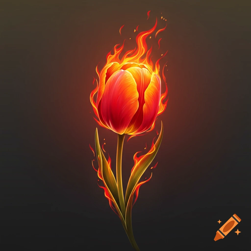 A stylized illustration of a red and orange tulip with vibrant flames emanating from its petals and stem, against a dark background.