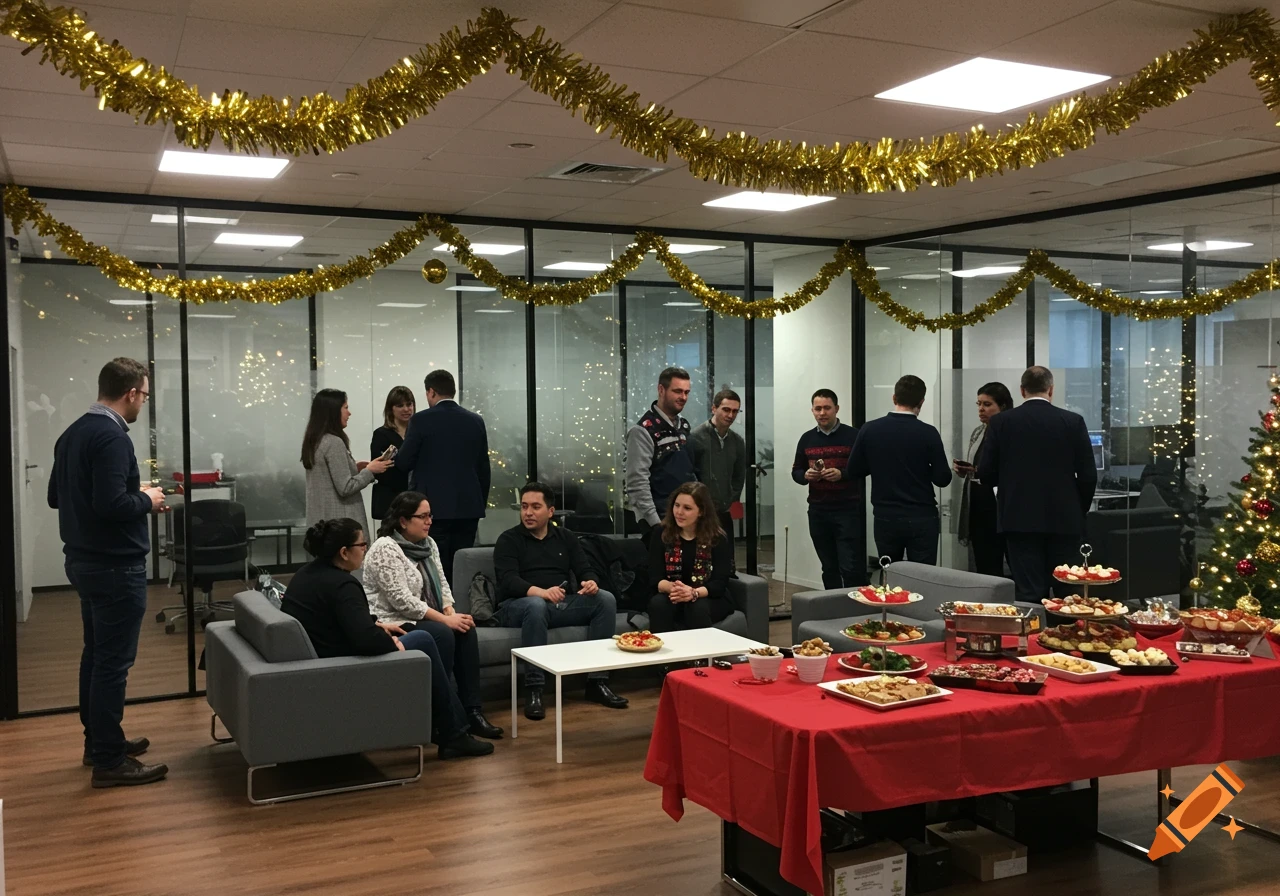 People gather in an office decorated with tinsel and a Christmas tree, enjoying food and drinks at a holiday party.