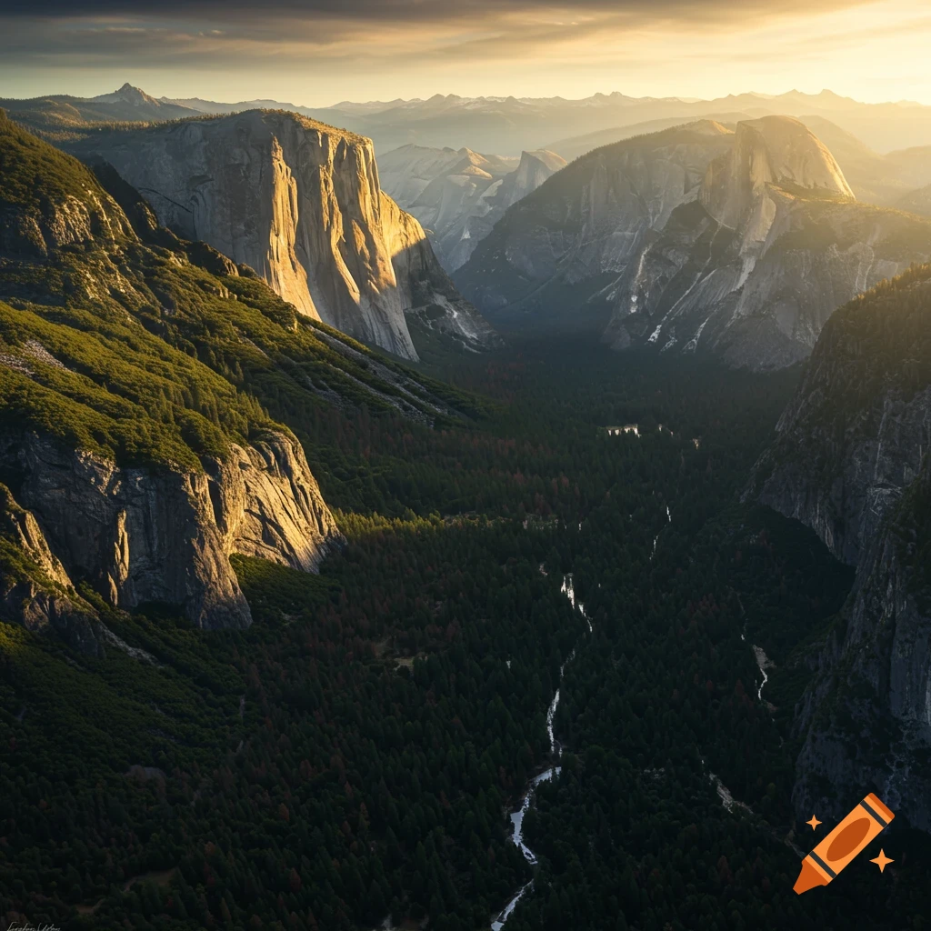 A photorealistic aerial view of Yosemite Valley at sunset, with granite cliffs, pine forests, and a winding river.