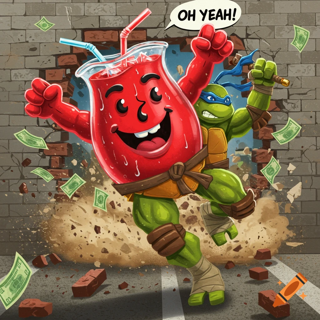 Cartoon Kool-Aid Man and Ninja Turtle bursting through a brick wall with dollar bills flying around.