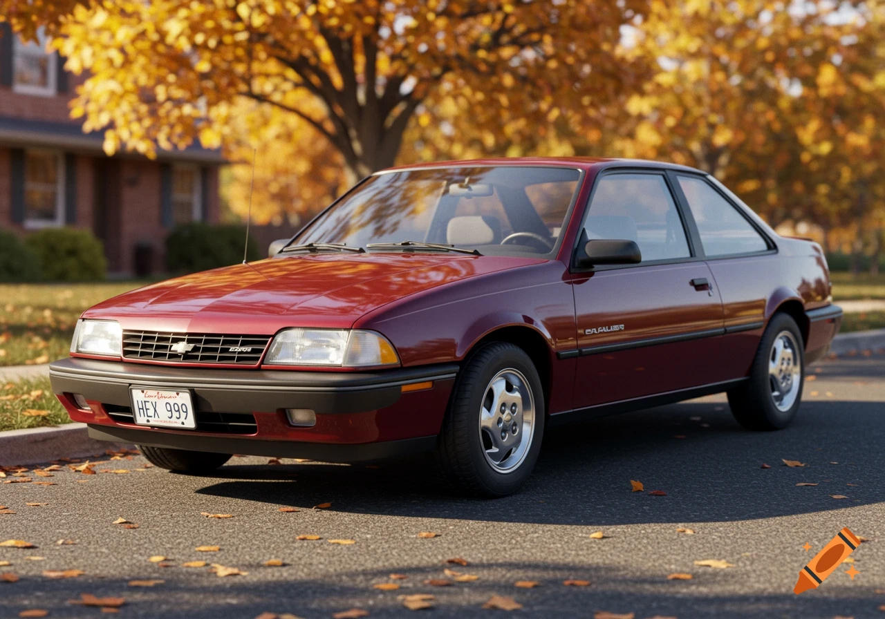 A photorealistic image of a red 1995 Chevrolet Cavalier coupe parked on an asphalt street covered with fallen autumn leaves.