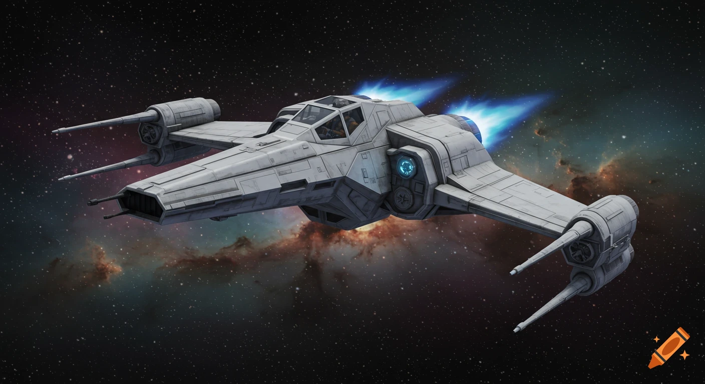 A large, sleek, matte grey-white starfighter with blue thrusters flies through deep space with a colorful nebula and stars in the background. Realistic sci-fi style.