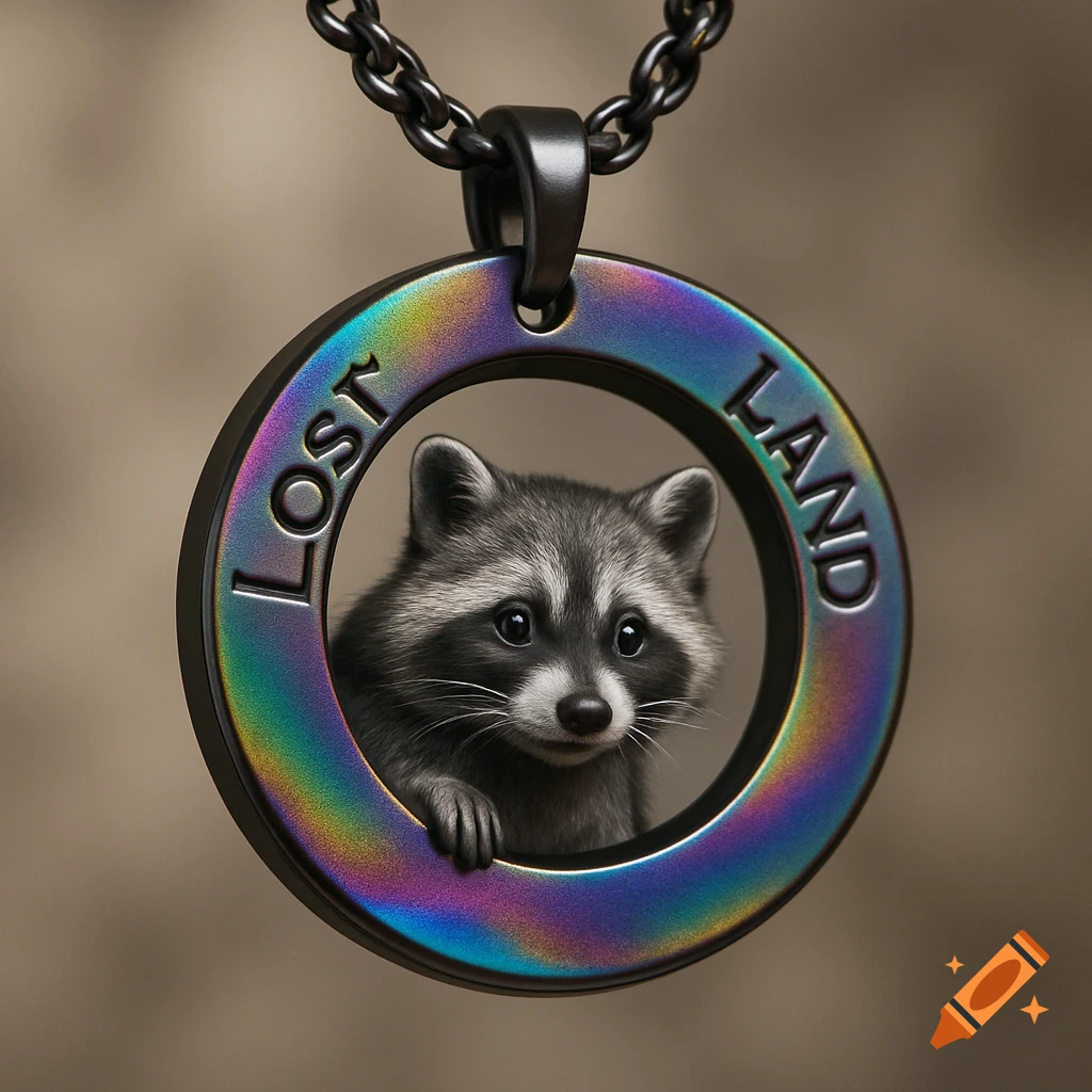 Photorealistic image of a baby raccoon peeking out from inside a black metallic rainbow pendant with the words LOST LAND engraved, hanging from a chain.
