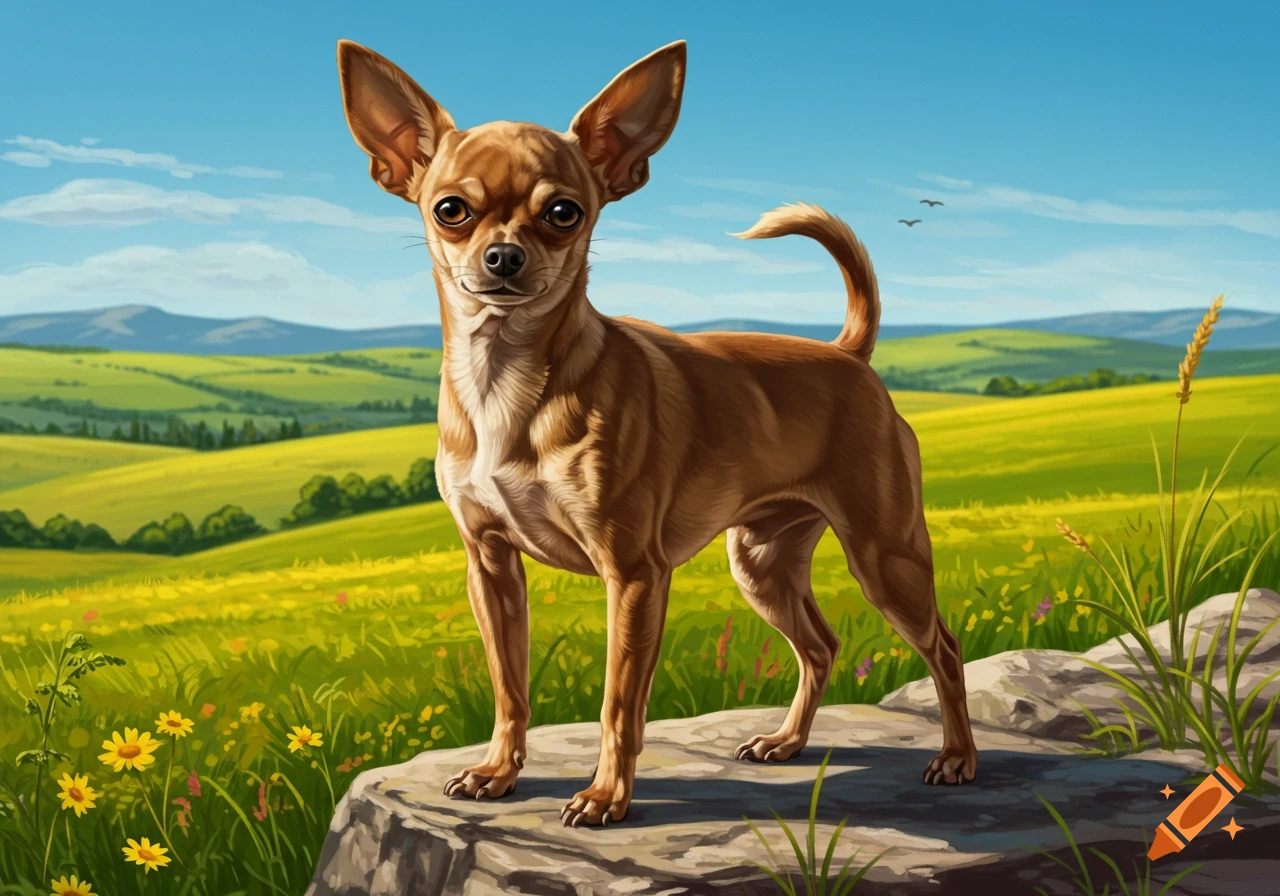 A brown chihuahua with large ears stands on a rock in a sunny green and yellow field, with rolling hills and mountains in the background.