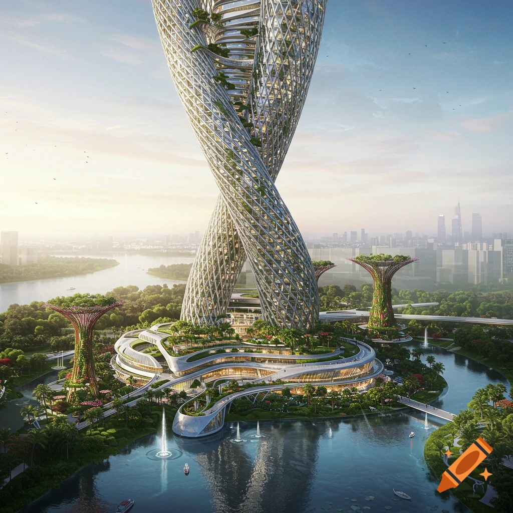 A photorealistic image of a futuristic double-helix skyscraper amidst lush gardens, water, and a modern city skyline at sunset.