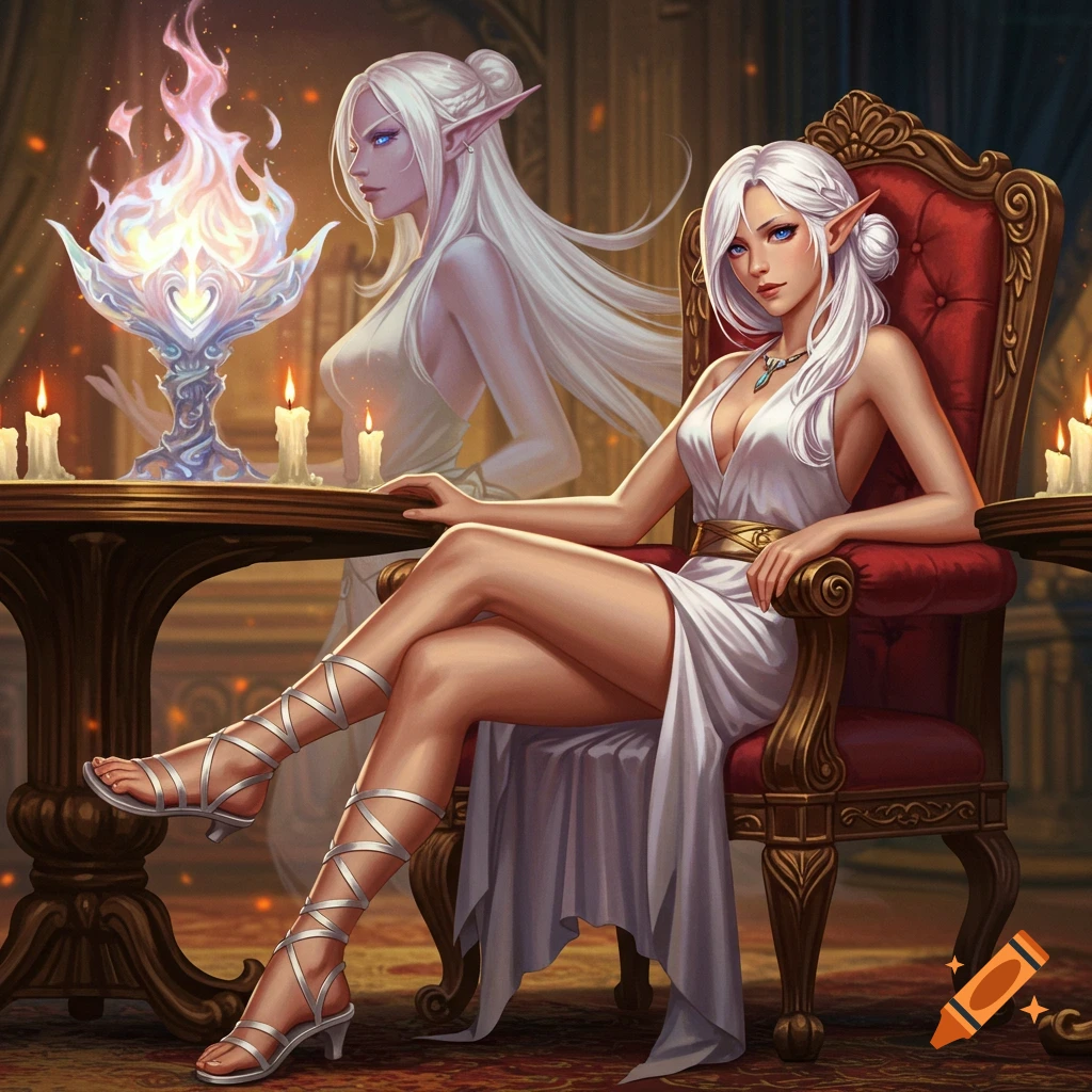 A white-haired elf woman in a white dress sits on an ornate chair in a manor, with a transparent elf and mystical fire behind her, digital art.