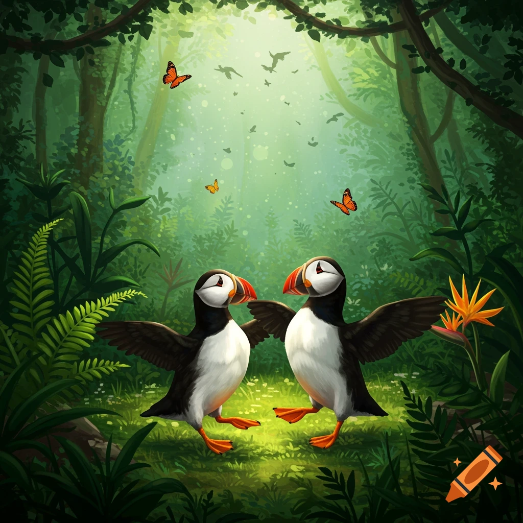 Two cartoon puffins dance with outstretched wings in a bright, lush rainforest with butterflies.