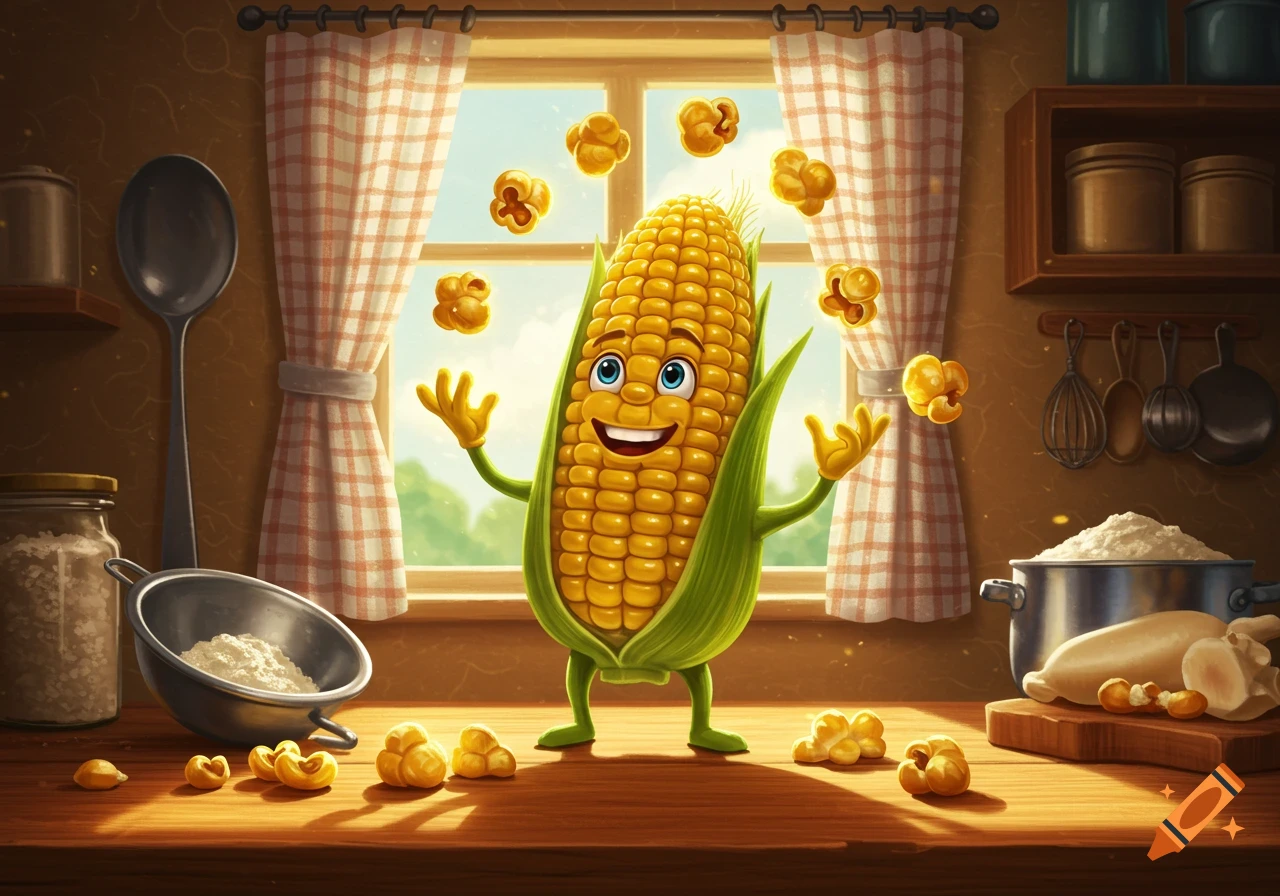 A cheerful anthropomorphic ear of corn character juggling popcorn in a bright kitchen.
