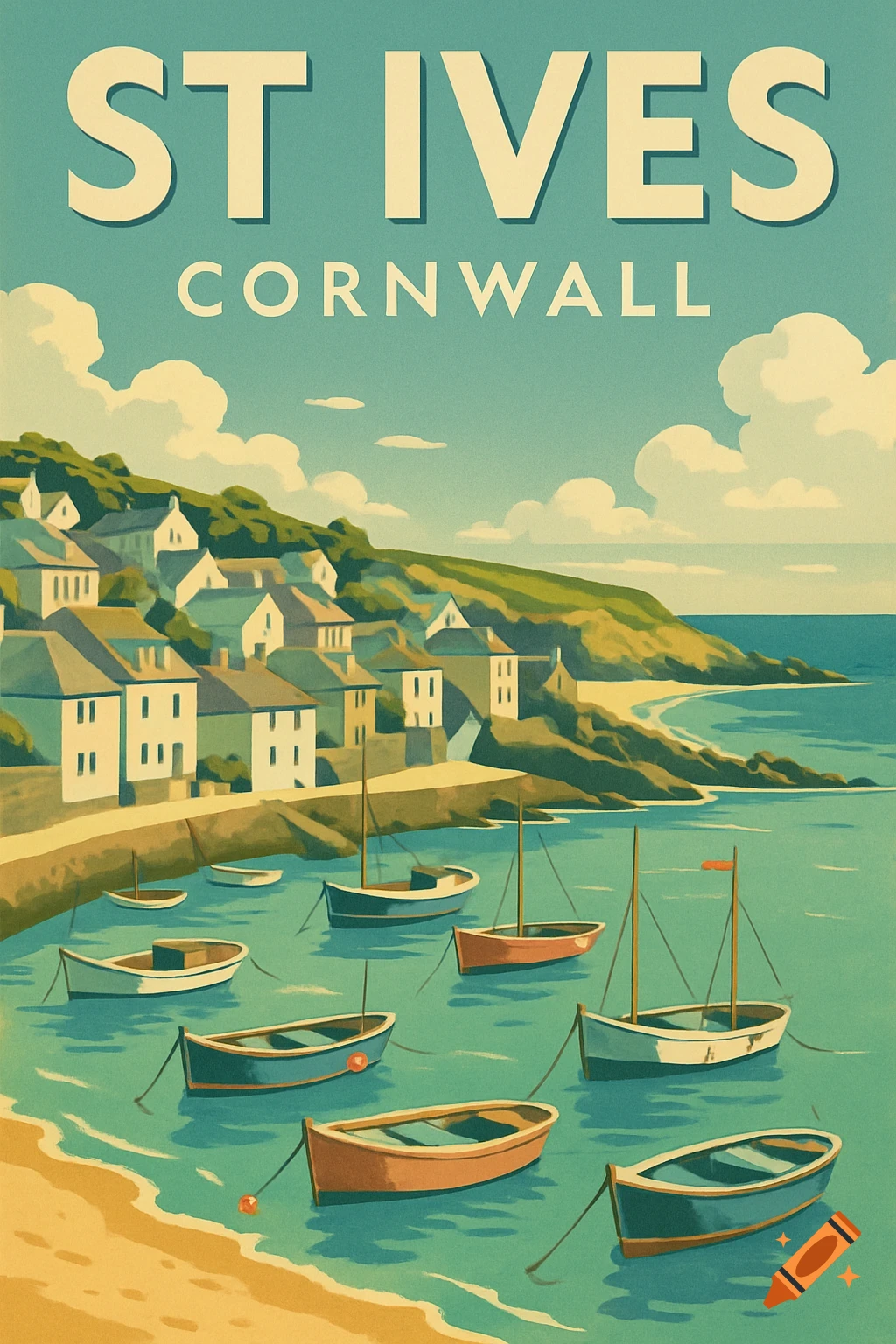 Vintage travel poster showing the coastal town of St Ives, Cornwall, with white cottages, a harbor full of boats, and sandy beaches under a blue sky.