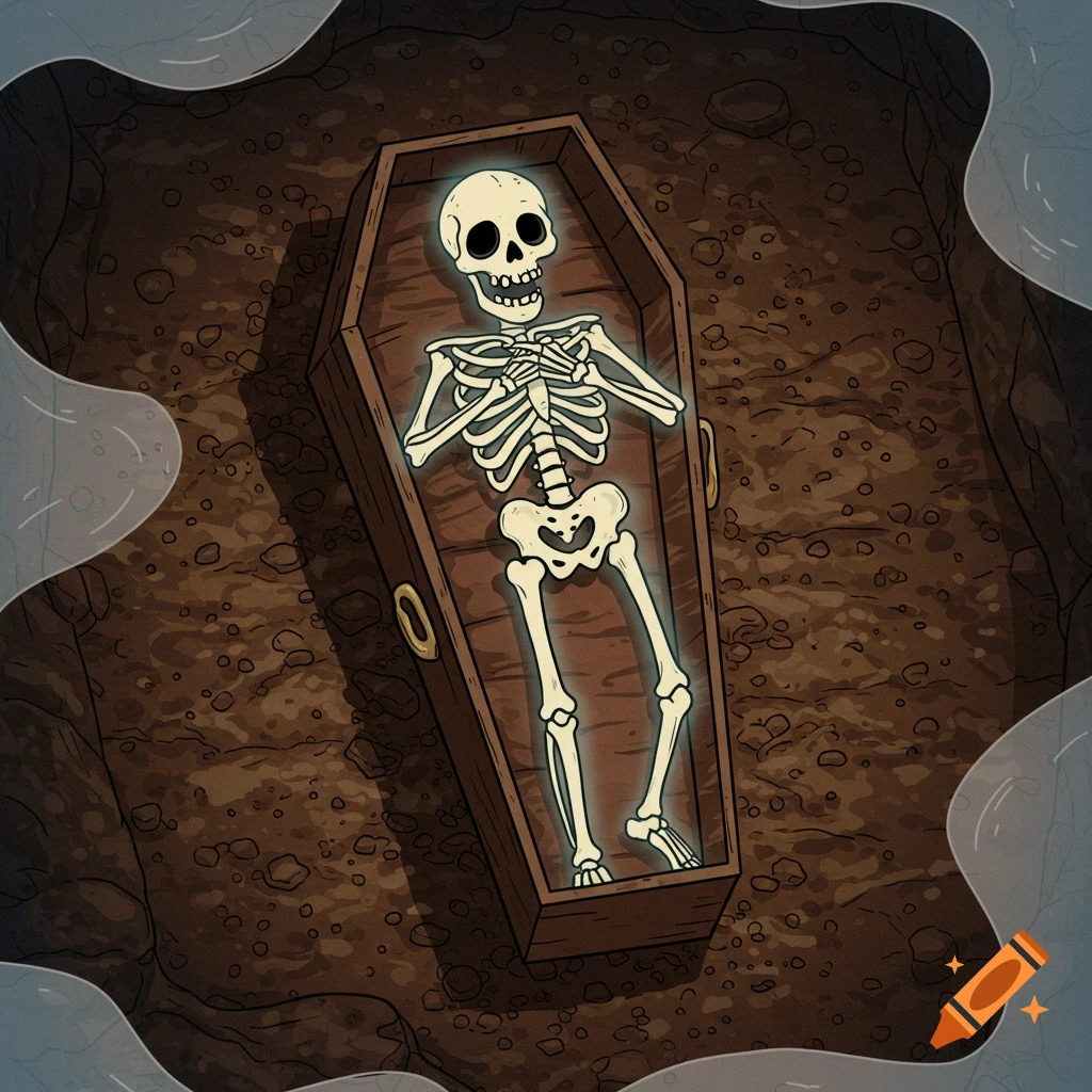 A cartoon skeleton with glowing eyes and a smile lies inside an open wooden coffin, surrounded by dark brown dirt.