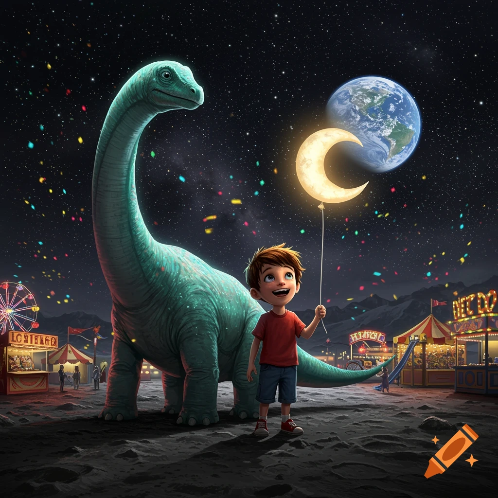 A boy holds a glowing crescent moon balloon next to a large green dinosaur at a space funfair on the moon, with Earth in the background.