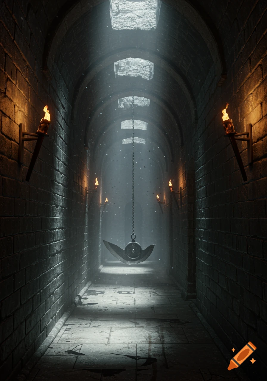 A dark, atmospheric stone dungeon hallway with lit torches and a large, sharp pendulum blade trap hanging in the center.