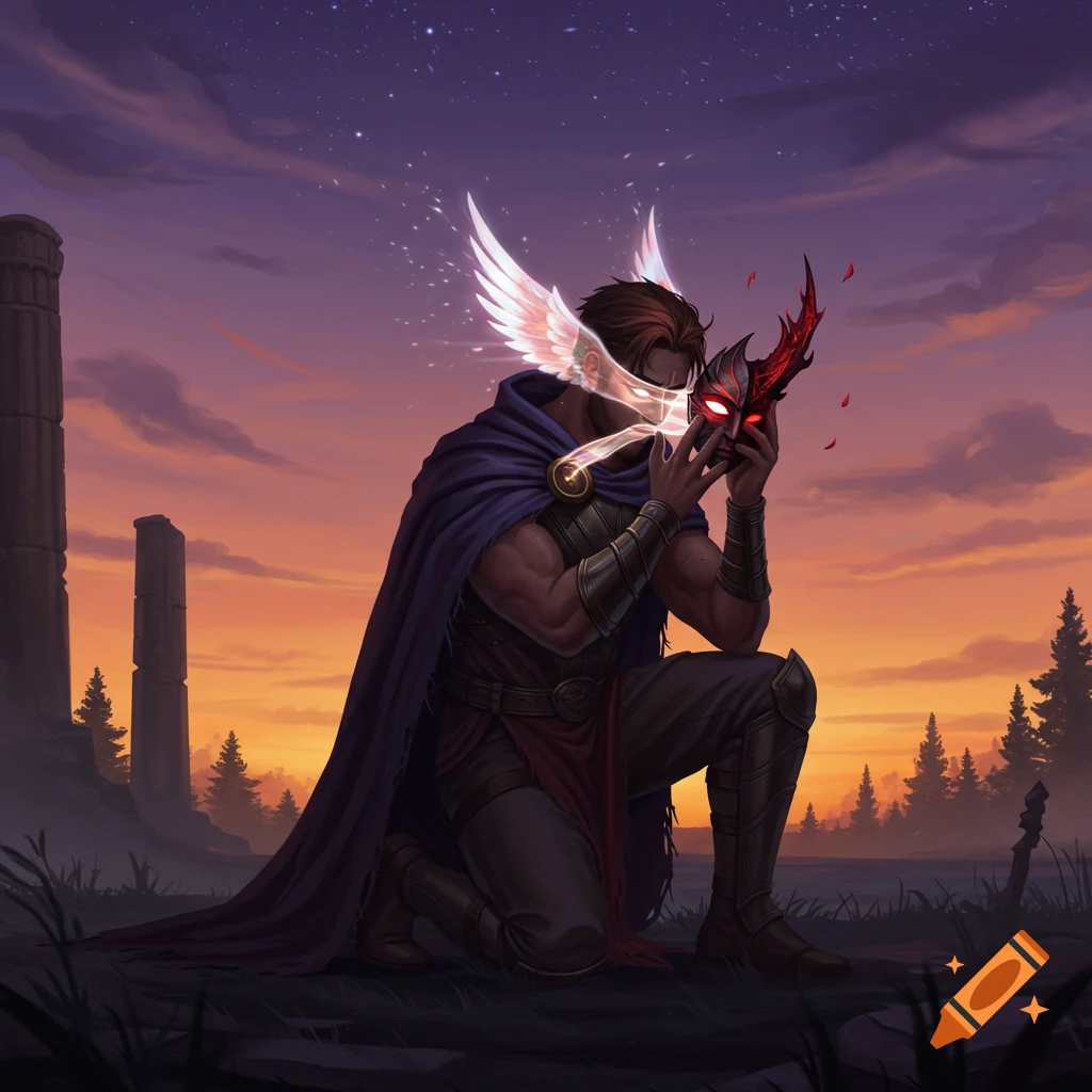A hero kneels at dusk, removing a red and black demonic mask. He has light wings behind his head. Ancient ruins and trees are in the background under a starry sky.