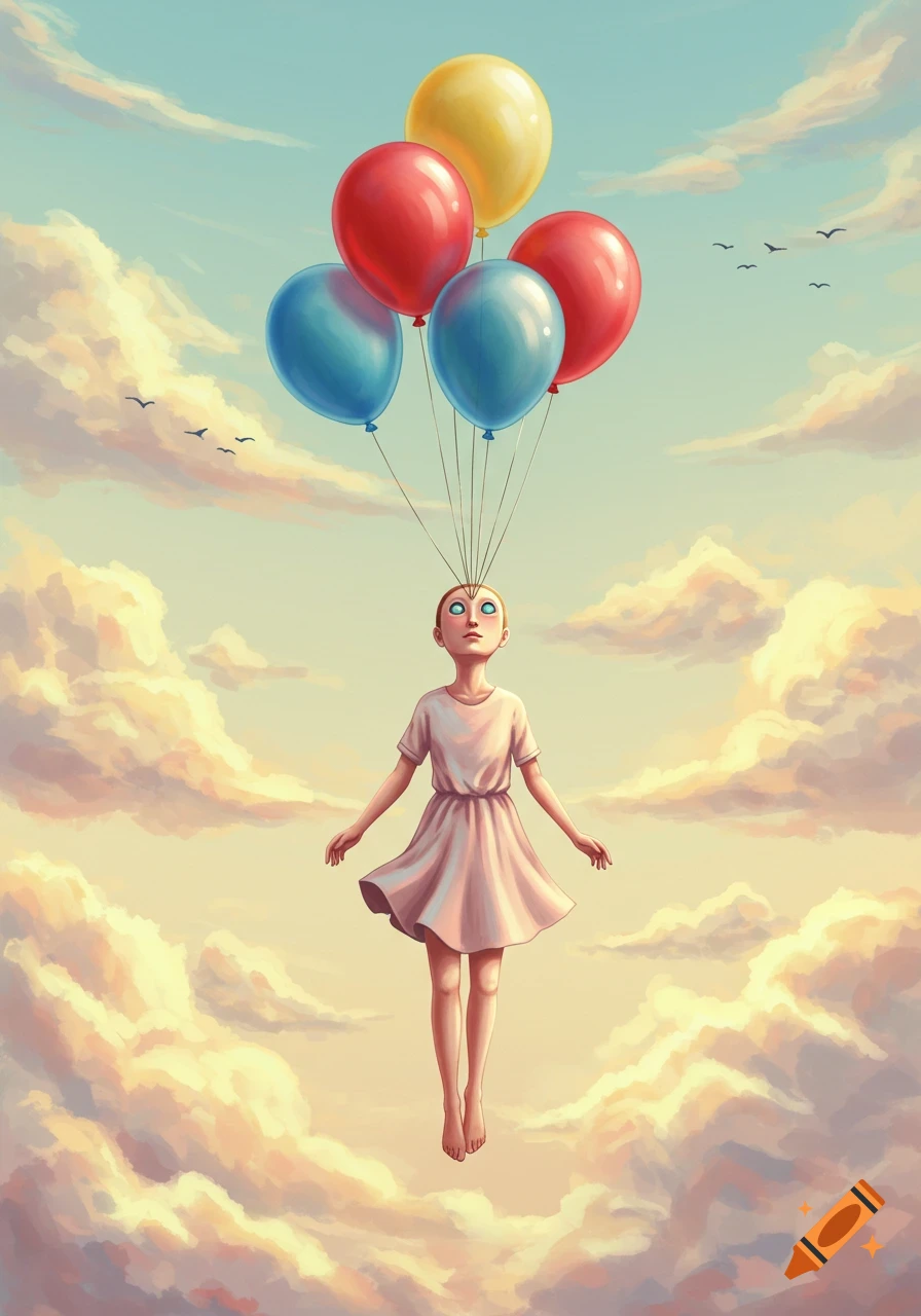 A young person with light blue orb-like eyes floats upwards amidst a bright sky filled with clouds, held by colorful balloons tied to their head. Stylized illustration.