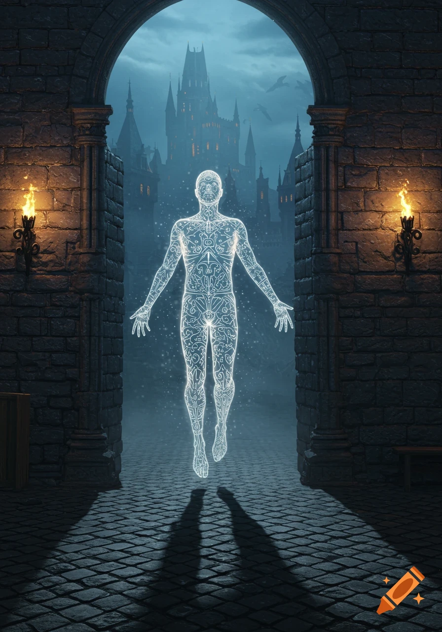 A glowing, ethereal figure with intricate sigils on its body floats under a dark stone archway, with a mystical castle in the misty background.