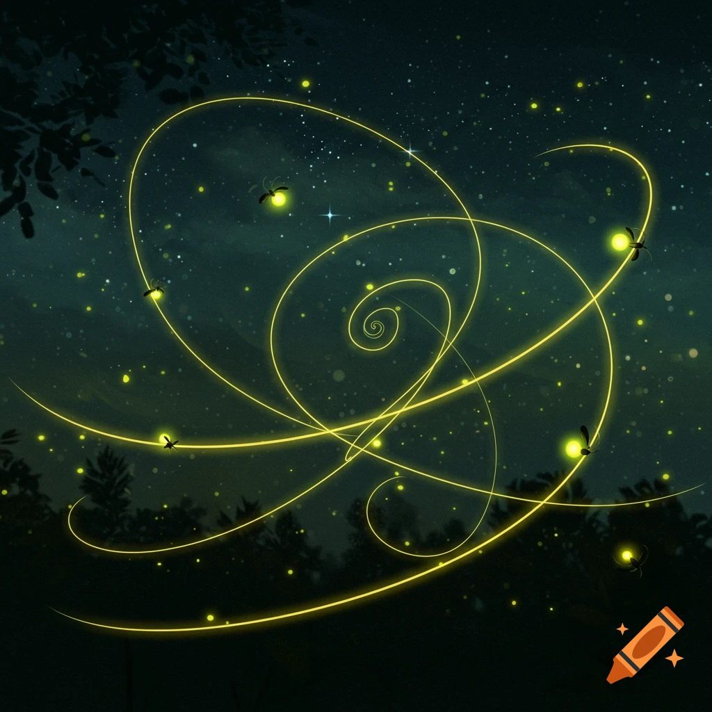Luminous yellow trails created by fireflies spiral across a dark, star-filled night sky with silhouetted trees.
